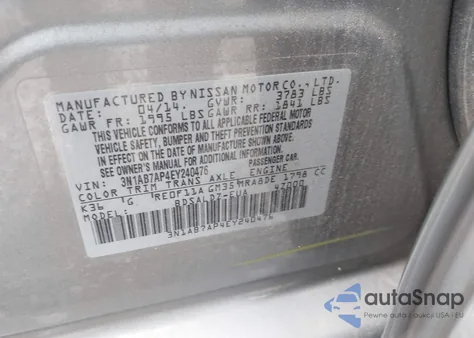 2014 Nissan Sentra Fe+ S/Fe+ Sv/S/Sl/Sr/Sv из США, поврежденный, VIN 3N1AB7AP4EY240476